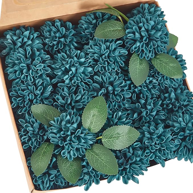 Artificial Flowers, 25pcs Artificial Rose for DIY Wedding Bouquets Centerpieces Arrangements, Dark Teal Dahlia Flowers with Stem for Bridal Shower Party Home Decorations