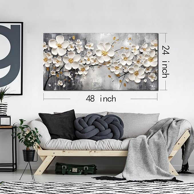 White Flower Pictures Wall Art for Bedroom - Floral Wall Decor for Office Women - Girls Wall Decor for Bedroom Size 24" x 48"