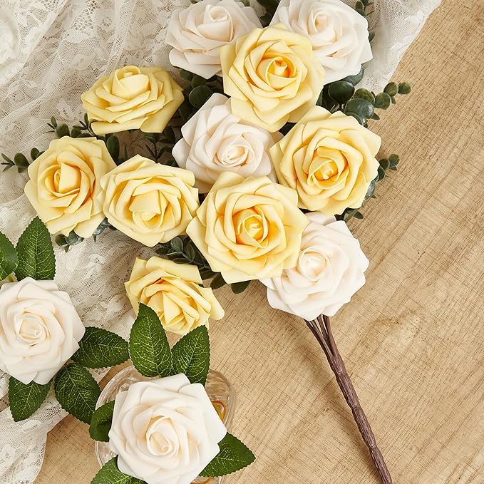 Artificial Flowers, 25pcs Creamy Yellow and Ivory Artificial Rose for DIY Wedding Bouquets Centerpieces Arrangements, Fake Flower with Stems for Party Home Decorations