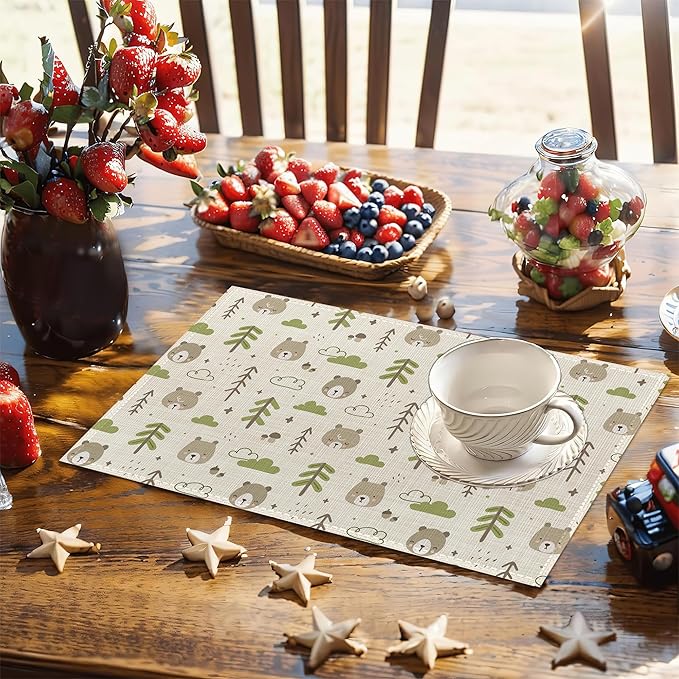 Cat Dog Dinosaur Frog Bear Placemats,Cute Cartoon Patterns Table Mats Set of 6,12x18 Inch,Waterproof Oil-Proof Washable and Reusable Linen placemats Holiday Party Kitchen Table Decorations