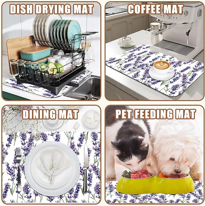 Dish Drying Mat Lavender Flowers Coffee Bar Mat for Countertop Absorbent Rubber Backed Hide Stain Dish Drainer Rack Pad Espresso Machine Cafe Table Dining Room Decoration 11.8 x 19.7 Inch