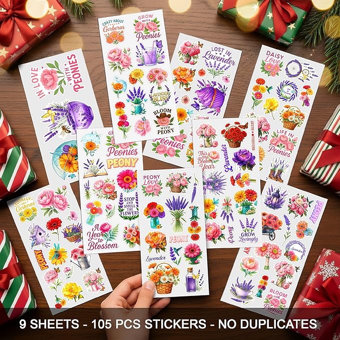 105 PCS Peony Lavender Gerbera Daisy Flower Stickers Pack Vinyl Waterproof Botanical Bloom Quote Decal for Hard Hat Bumper Car Water Bottle Scrapbook Laptop Phone Wall Gift
