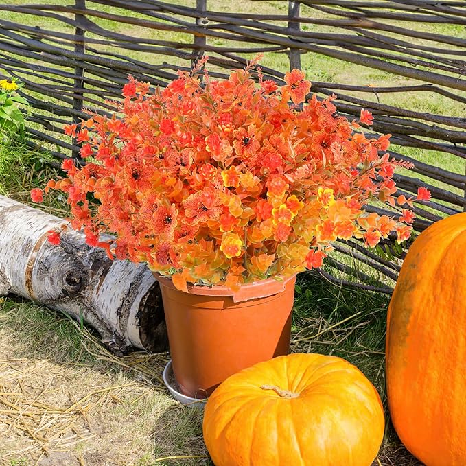AmyHomie 16 Bundles Mix Orange Artificial Fall Flowers for Outdoor Fall Decor UV Resistant Fake Mums No Fade Fake Plastic Plants Garden Porch Window Box Decorating