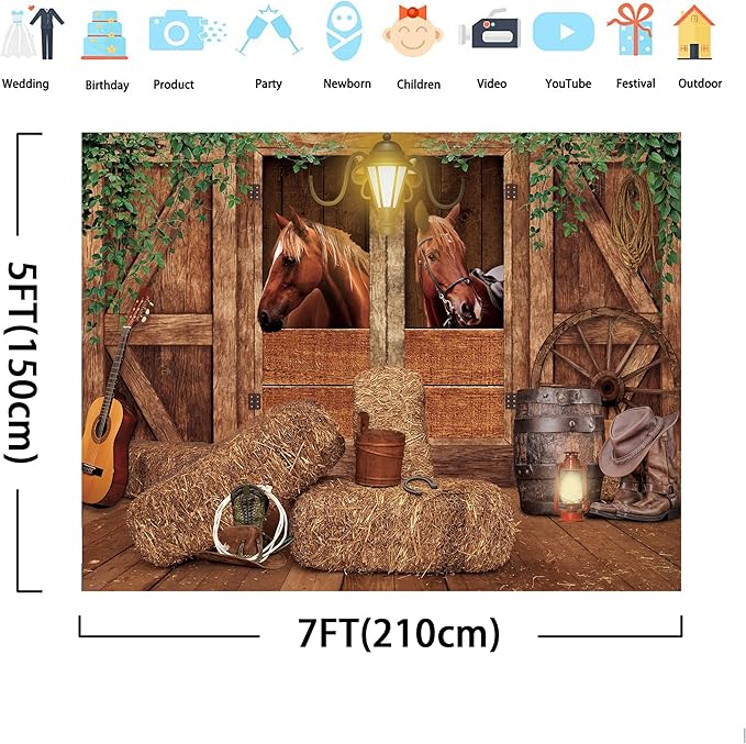 SVBright Western Cowboy Backdrop Stable Backdrop 7Wx5H Garage Door Wild West Horse Brown Barn Door Old Wood Wheels Boy Man Birthday Decorations Photography Background Photo Booth Studio