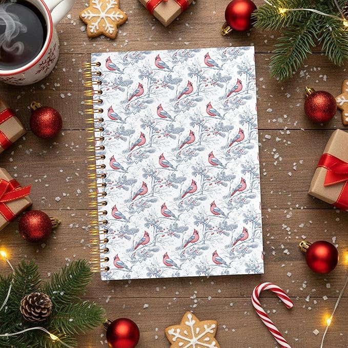 VIIJJUE Blue and White Chinoiserie Christmas Cardinal Notebook Journal, Vintage French Country Toile de Jouy Journal, Xmas Red Cardinal Hardcover Spiral Notebooks, 5.5x8.3 Inch-02