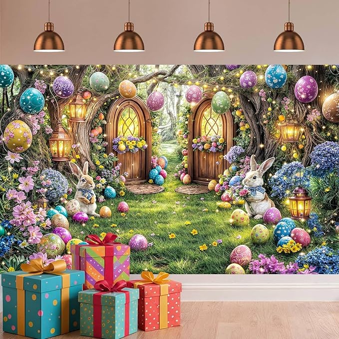 5X3ft Enchanted Forest Easter Backdrop Fairy Tale Rabbit Magic Garden Easter Egg Wonderland Floral Photography Background for Kids Girls Party Decoration Cake Table Photo Booth Props