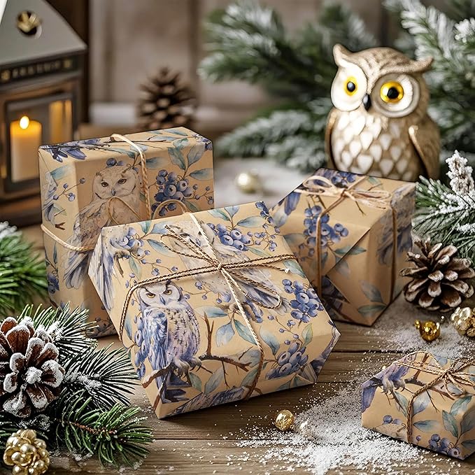 WRAPAHOLIC 30 Inch Kraft Christmas Wrapping Paper - 30 Inch x 33 Feet - Owl Wrapping Paper Wild Animal Winterfall Watercolor Design for Christmas, Holiday, Party Celebration