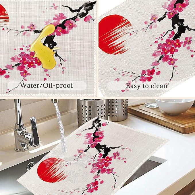 Japanese Cherry Blossom Placemats Set of 6, Linen Table Mats, Woven Table Mats for Dining Room, Washable & Wrinkle Resistant, Farmhouse Kitchen Decor