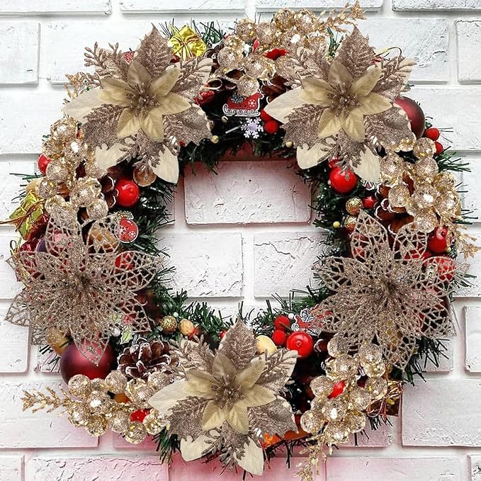 24Pcs Christmas Poinsettia Artificial Flowers and Glitter Berries Kit, 2 Styles Total 16Pcs Christmas Tree Flowers Ornaments, 8Pcs Christmas Tree Picks for Wedding Holiday Decorations, Champagne