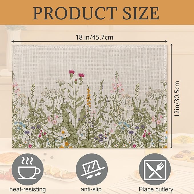 Summer Flower Placemats Set of 6,Washable Heat Resistant 12×18 Inch Linen Table Mats Fall Meadow Herbs Place Mats for Party Outdoor Dining Décor