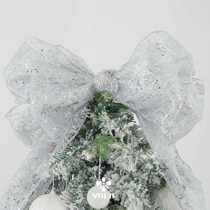MEEDEE 6 Inch Wide Wired Ribbon Silver Glitter Mesh Web Wired Edge Ribbon by 10 Yards Roll Silver Wired Mesh Ribbons for Christmas Tree, Garland, Holiday Wreaths, Bows, Centerpiece, Gift Wrapping