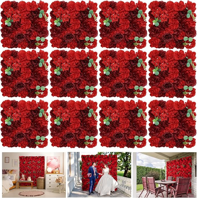Red Flower Wall Backdrop 12 Piece of 16.5x16.5 Inch Artificial Floral Wall Panel Silk Rose Wall Decor Ideal for Wedding Celebrations, Festive Party Backdrops, and Home Decor