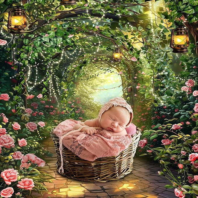 Riyidecor Fairy Princess Backdrop Wonderland Garden Pink Rose Lights Greenery Enchanted Woodland 5Wx7H Feet Photography Background Bridal Shower Birthday Wedding Photo Studio Shoot Polyester Fabric