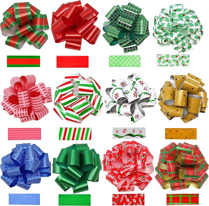 JOYIN 24 PCS Christmas Wrap Ribbon Pull Bows (5" Wide); Easy and Fast Gift Wrapping Accessory for Presents, Bows, Baskets, Wine Bottles Decoration, Xmas Gift Wrapping and Decoration Present