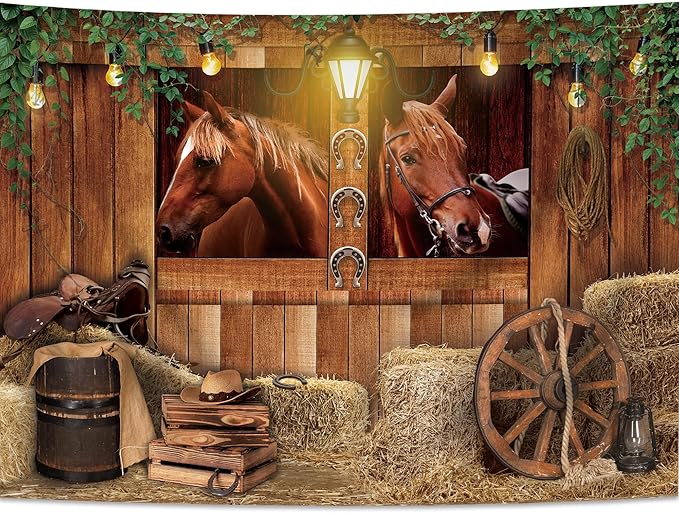 SVBright Western Cowboy Backdrop 7Wx5H Farmhouse Wooden Stable Brown Country Horse Barn Door Old Wood Wheels Boy Man Birthday Decorations Photography Background Banner Photo Booth Studio