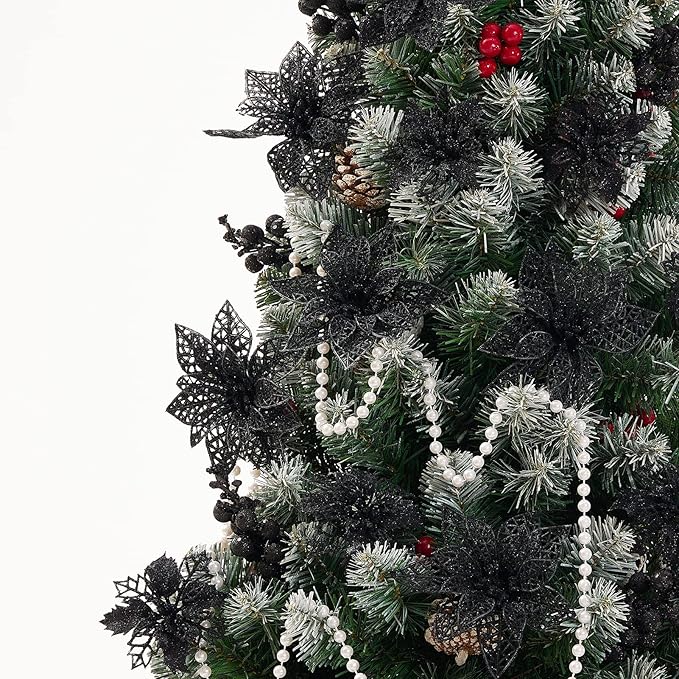 Zhuqing 22Pcs Christmas Poinsettia Artificial Flowers and Glitter Berries Stems Kit, 16Pcs Christmas Tree Flowers Ornaments and 6 Pack Christmas Tree Picks for Wedding Holiday Decorations (Black)