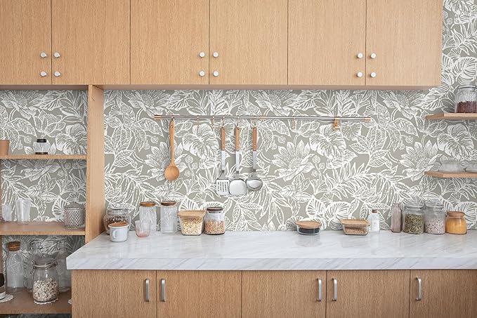 Peel and Stick Wallpaper Vintage Wall Paper Boho Contact Paper Bedroom Bathroom Wallpaper Peel and Stick Grey Brown Tropical Leaf Removable Self-Adhesive Wall Decor 17.3" x 118"
