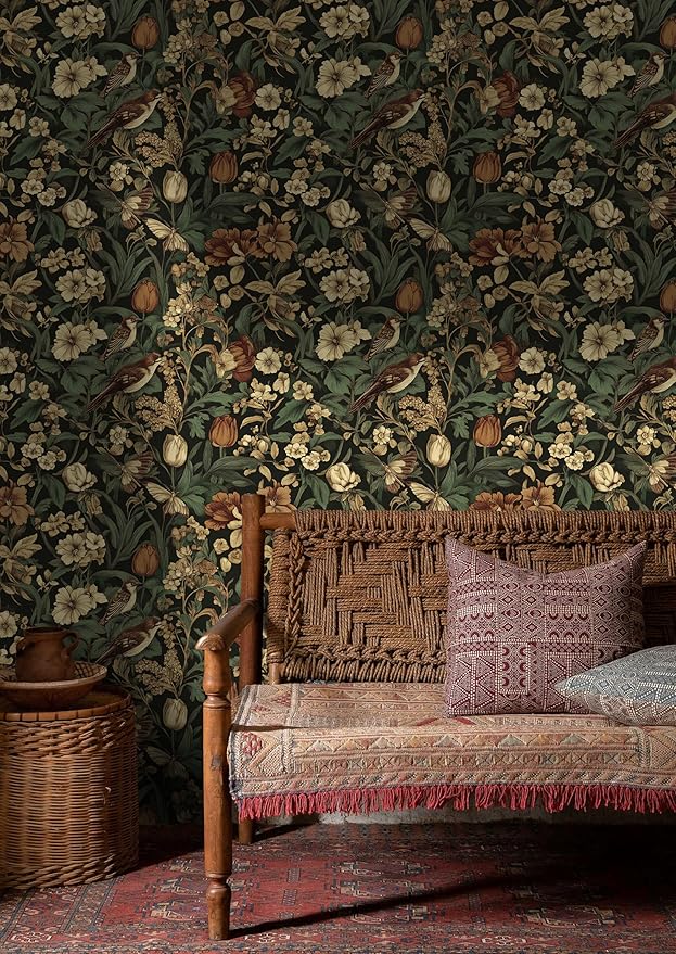 Erfoni 17.3" x 394" Bird Floral Peel and Stick Wallpaper Vintage Contact Paper for Livingroom Floral and Leaf Self Adhesive Wall Paper Retro DIY Removable Decorative Wallpaper Vinyl Roll Dark