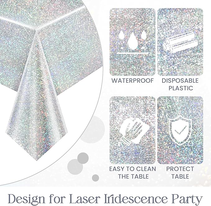 8 pcs Silver Holographic Tablecloths Shiny Disco Laser Table Cloths 40" x 108" Iridescence Plastic White Table Cover for Birthday Party Decoration Wedding Christmas Winter Grad Party Supplies