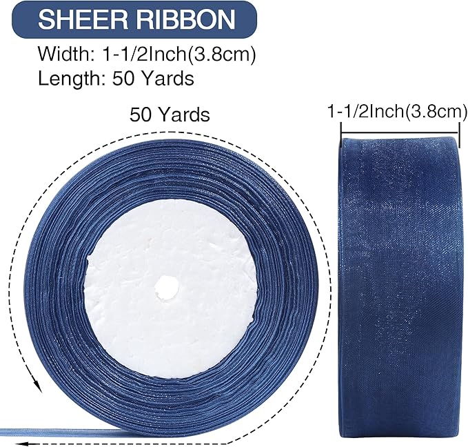 1-1/2 Inch x 50 Yards Sheer Organza Ribbon Chiffon Ribbon for Gift Wedding Flower Bouquet Wrapping Decorations Crafts (Blue)