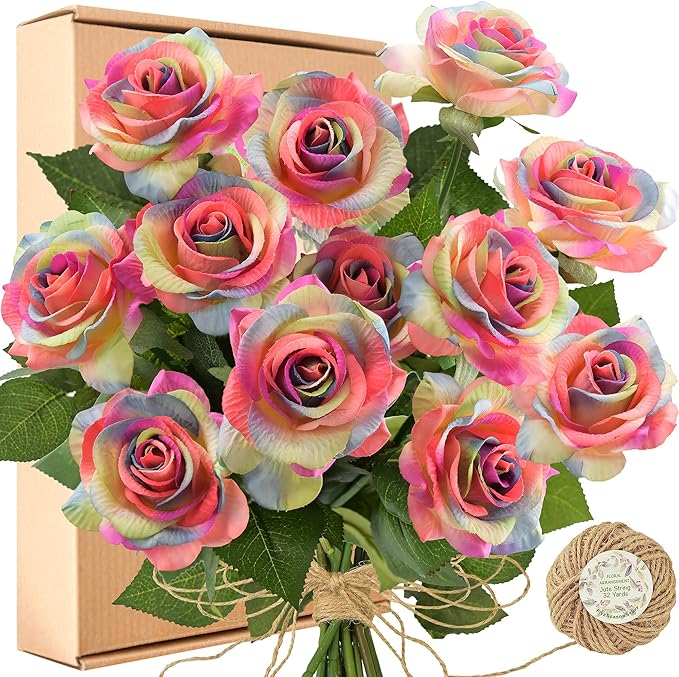 Rainbow Artificial Roses – 12 Faux Silk Stems with Real‑Touch Feel – Gift‑Ready Box + Jute Ribbon – Bendable Wire Stems for Wedding Bouquets, Home Décor, Centerpieces & DIY Arrangements