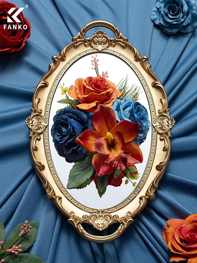 FANKO Artificial Flowers Gradient Orange Rose: Mixed Fake Silk Flowers Combo Dusty & Navy Blue Rose Orchid Vintage Assorted Blooms for DIY Wedding Bridal Bouquets/Centerpieces/Home Decor