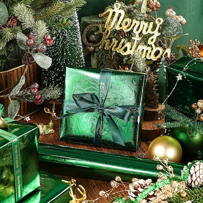 LeZakaa 3D Embossed Floral Foil Gift Wrapping Paper, Vintage Flower Metallic Foil for Birthday Christmas Party Holiday Gift Wrap, for DIY Crafts Scrapbook, Mini Roll 17 inch x 32.8 Ft(Green)