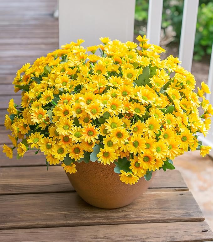 Daisy Artificial Flowers for Outdoors Fall Autumn Decoration, 6 Bundles Fake Mums Yellow Silk Flowers for Outside Look Real UV Resistant Faux Flowers Plants for Planter Front Door Home Indoor Porch