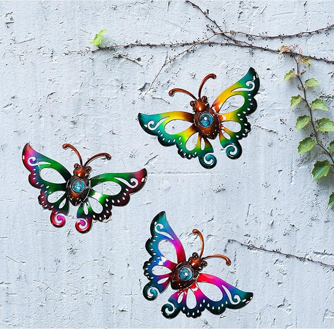 Garden Decor Clearance Metal Butterfly Wall decor 3D Wall Art Hanging Christmas for Patio Fence, Set of 3, 9 inch, Indoor Outdoor Christmas Gift for Family