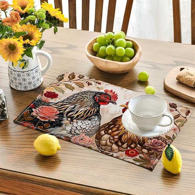 Rooster Placemats Set of 4 Farmhouse Chicken Plants Flower Placemats Farm Cock Chicken Country Hen Washable Place Mats for Party Kitchen Dining Decoration 4 PCS