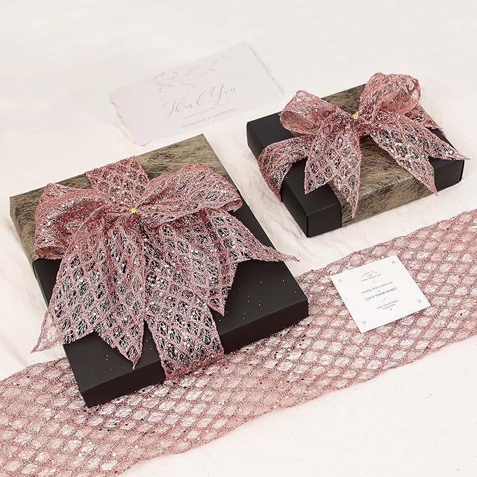 VATIN 4" Rose Gold Christmas Ribbon, Rose Gold Glitter Mesh Diamond Web Sequin Dots Wired Christmas Ribbon for Gift Wrapping Bow Making Wreath Supply-10 Yards