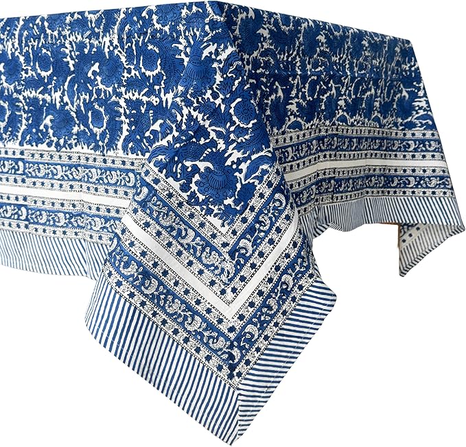 ATOSII Paradise Blue 100% Cotton Square Summer Tablecloth, Handblock Floral Print Linen Table Cloth for Kitchen Dining I Parties, Weddings, Outdoors, 60 X 60 Inches I 4 Seater