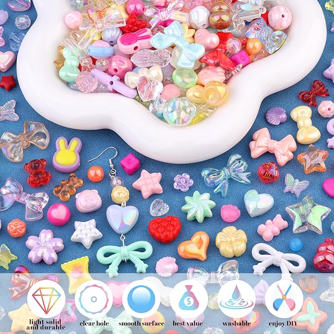 Assorted 200-260PCS Mixed Colors Acrylic Beads for Bracelet Making, Flower Bow GummyBear Bracelet Charms,Cute Beads for Jewelry Making DIY Necklace Keychain Phone Charm Christmas Gift
