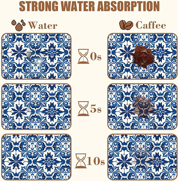 Dish Drying Mat Blue Portuguese Tiles Coffee Bar Mat for Countertop - Absorbent Rubber Backed Hide Stain Dish Drainer Rack - Coffee Maker Pot Dining Room Decoration 15.7 x 23.6 Inch