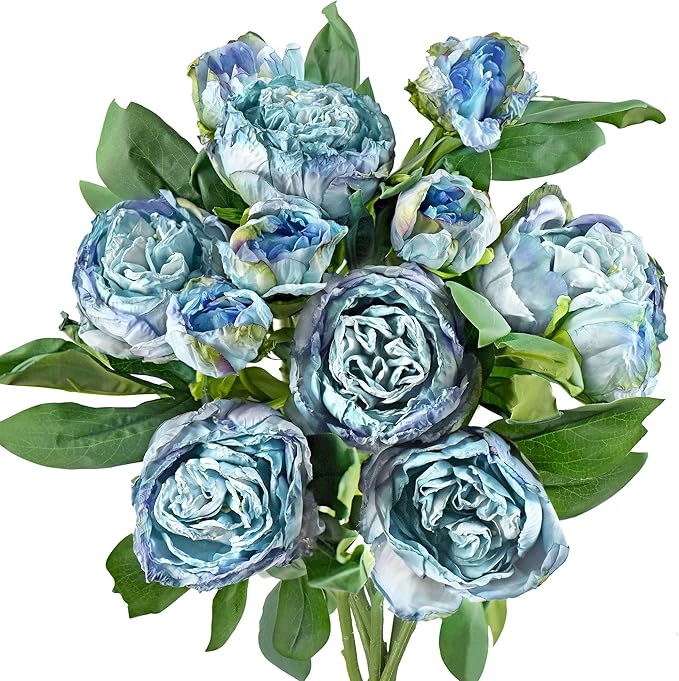 FiveSeasonStuff Vintage Dusty Blue Peonies – Realistic Artificial Silk Flowers with Dry-Look Petals, 6 Stems for Rustic Home & Wedding Bridesmaids Bouquet Bridal Showers