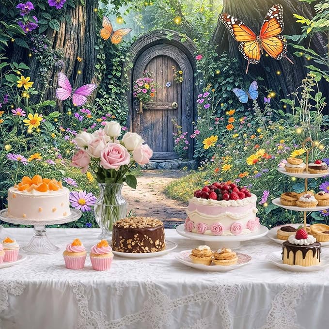 10X8ft Enchanted Forest Backdrop Fairy Enchanted Wonderland Garden Wooden Door Floral Butterfly Photography Background for Kids Girls Baby Shower Birthday Party Decoration Banner Booth Props