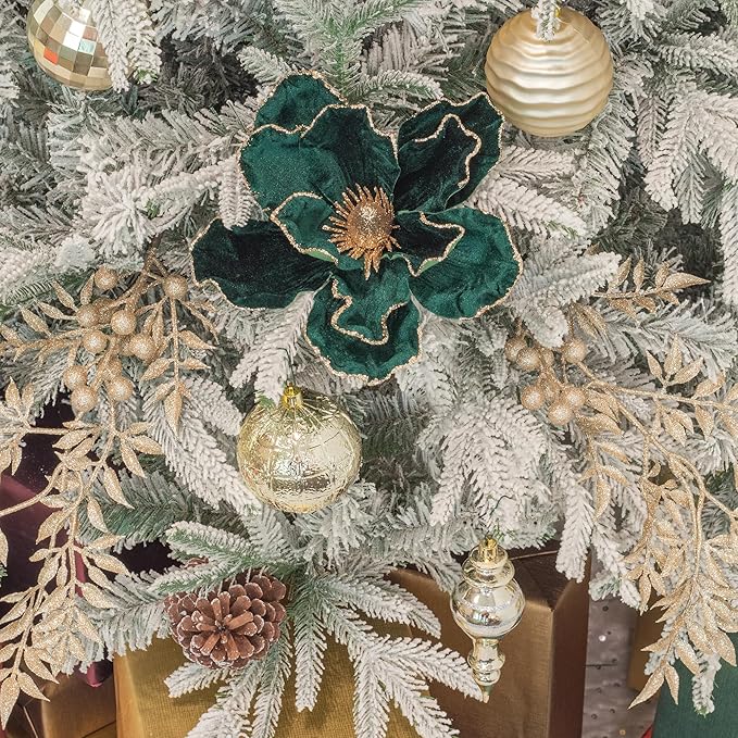 KI Store Dark Green Christmas Poinsettia Flower Set of 6 Large Artificial Velvet Magnolia Flower Picks Stems for Xmas Tree Decorations