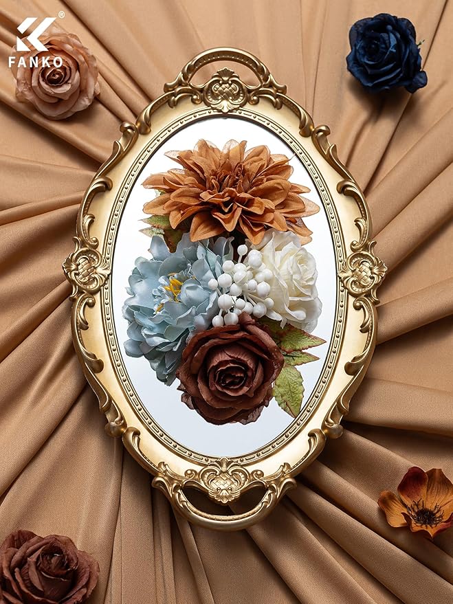 FANKO Artificial Flowers Navy Blue Rose, Mixed Fake Silk Flowers Combo Cream Yellow Rose Brown Dahlia Light Blue Peony Vintage Assorted Blooms for DIY Wedding Bridal Bouquets, Home Decor