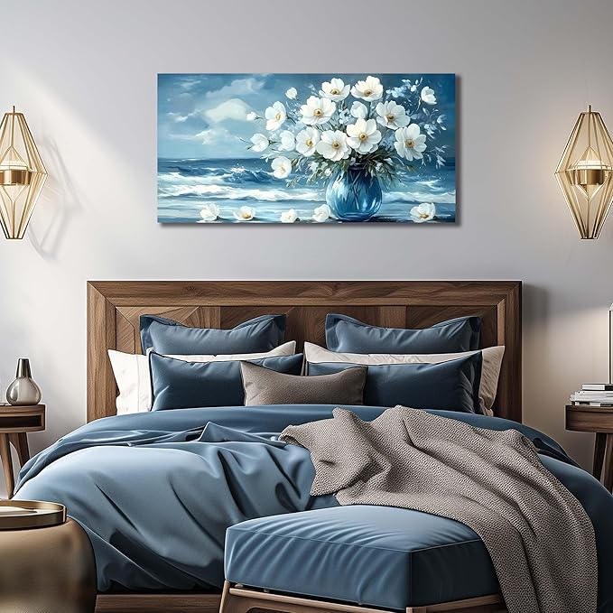 Flower Wall Art for Living Room, Ocean Canvas Wall-Decor for Bedroom, Blue and White Picture Print Artwork for Office, Size 40 x 20 Inches