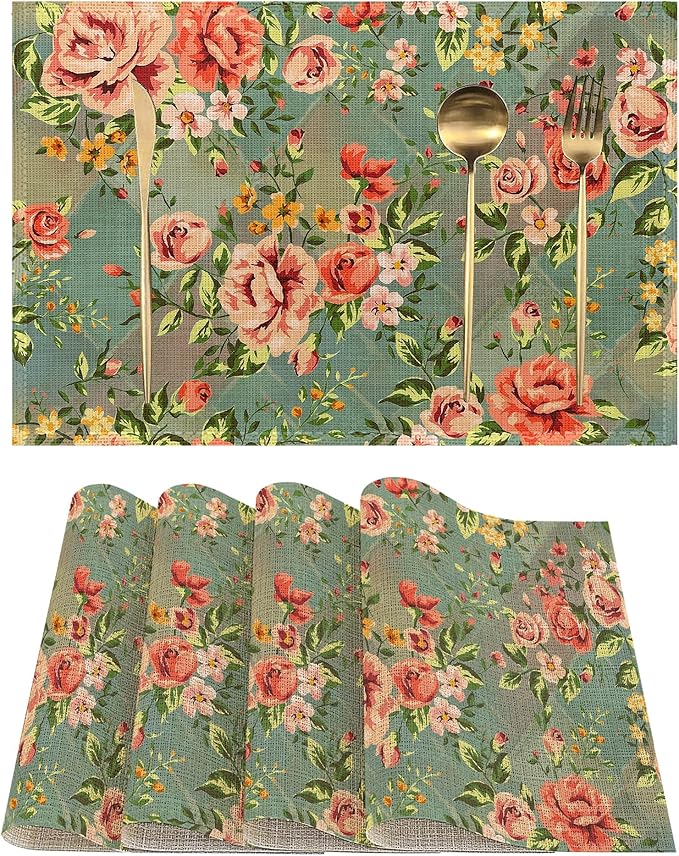 Placemats-Vintage Rose Floral Linen Table Place Mats Set of 4 Non-Slip Heat Resistant Table Mats for Dining Kitchen Cabin Decor 12x18 Inch
