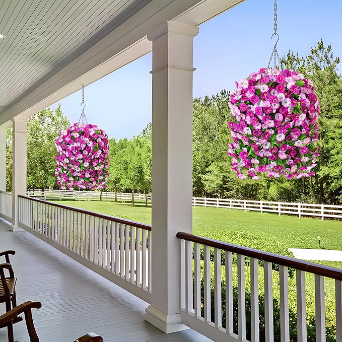 Artificial Fake Hanging Flowers Basket for Spring Decor, Faux Silk Flower in Planter for Summer, Outdoor Artificial Floral for Home Porch Yard(Double Lotus)