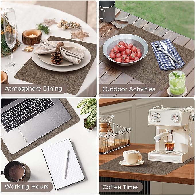 Vinyl Placemats Set of 4, Faux Leather Waterproof and Heat Resistant Place Mats, Washable Anti-Slip Table Mats with Coaster, Wipeable Placemats for Indoor & Outdoor 17" x 12" (Dark Coffee, Set of 4)