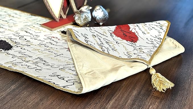 Tache Romantic Cursive Handwritten Love Letter Valentine Hearts Beige Table Runner - Vintage Farmhouse Woven Tapestry Kitchen Dining Dinner Linen Napery Cloth - 13 x 72 inches