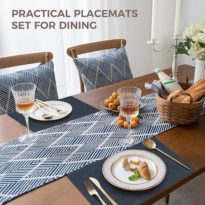 Vinyl Placemats Set of 12, Faux Leather Waterproof and Heat Resistant Place Mats, Washable Anti-Slip Table Mats with Coaster, Wipeable Placemats for Indoor & Outdoor 17" x 12" (Navy Blue, Set of 12)
