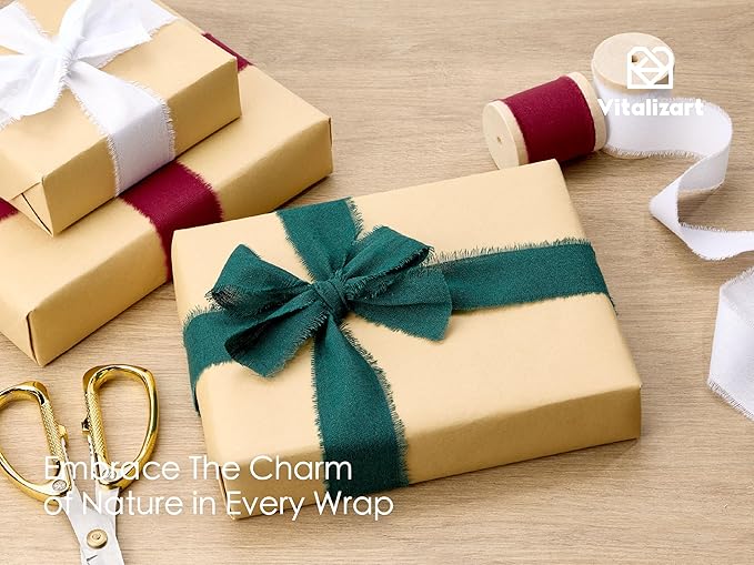 Vitalizart Christmas Ribbon 1-1/2" x 15 Yd 100% Cotton Handmade Frayed Fringe Fabric Ribbons for Gift Wrapping Wedding Invites Bridal Shower Bouquets Christmas Decorations