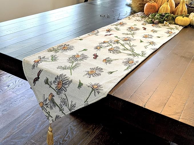 Tache 13 x 54 Floral Table Runner Yellow Daisies Ladybugs Ivory Woven - Vintage Tapestry Farmhouse Kitchen Dining Dinner Linens Cloth Small Coffee Table Runner