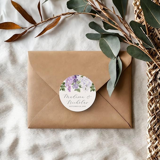 Personalized Floral Wedding Stickers with Your Choice of 30 Flower Styles - Choose Font and One of Five Pre-made Phrases or Add Custom Text (024 - Purple Lilac Flowers)