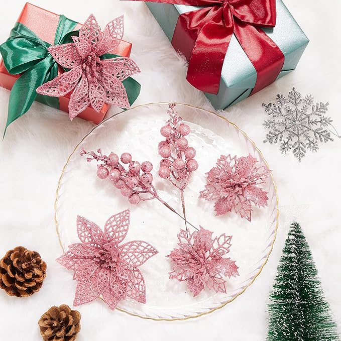 22-Piece Christmas Poinsettia Artificial Flower and Glitter Berries Kit with Tree Ornaments and Picks for Holiday Decor