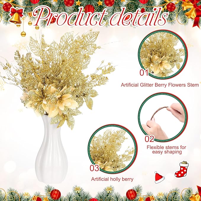 18 Pack 3 Styles 17 Inch Christmas Glitter Poinsettia Berry Stems Ornaments Artificial Floral Branches Picks for Christmas Tree Home Vase Holiday Party Decor(Gold)