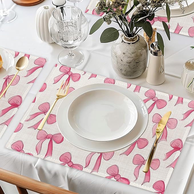 Pink Cute Bow Placemats Set of 6,Dinner Table Mats Non-Slip Washable Mats for Kitchen Dinner Party Tablemat 12x18Inch